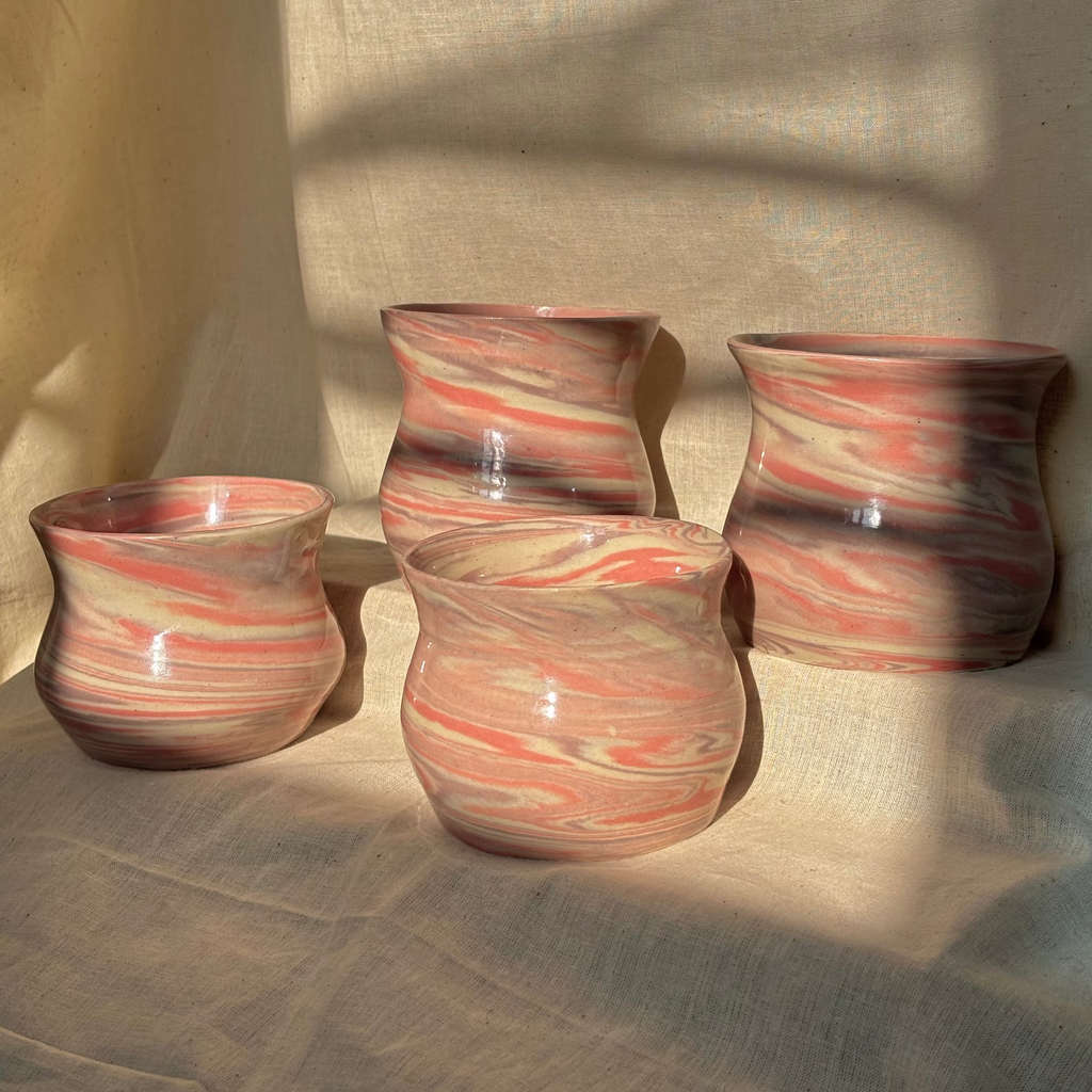 ceramic marbles cups in pink white and purple